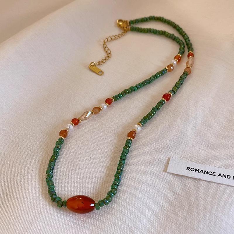 Agate Freshwater Pearl Necklace Imported Glass Millet Beads Beaded Collarbone Chain Temperament Pearl Necklace Women