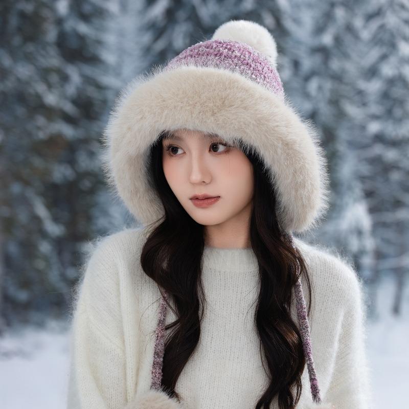 Winter hat women's retro knitted hat fleece thickened ear protection cold wool hat cute rabbit hairball thermal hat