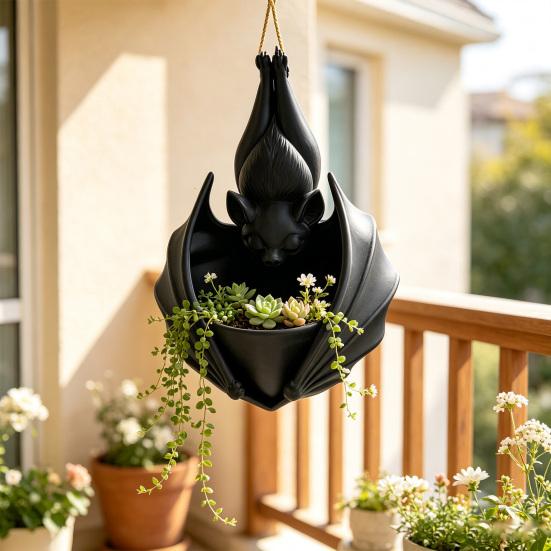 Novelty Bat Fan Gift 3D Printed Hanging Plant Pot, Shaped Planter, Creative Halloween Small Container Flowerpots, Gothic Holder for Indoor