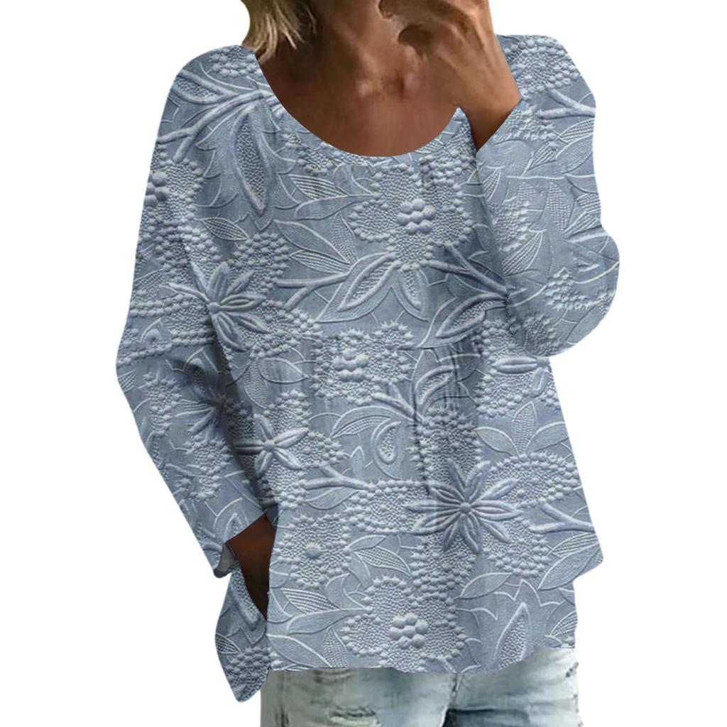 Damen Casual Mode Locker Rundhals Blumenmuster Langarm Oberteil