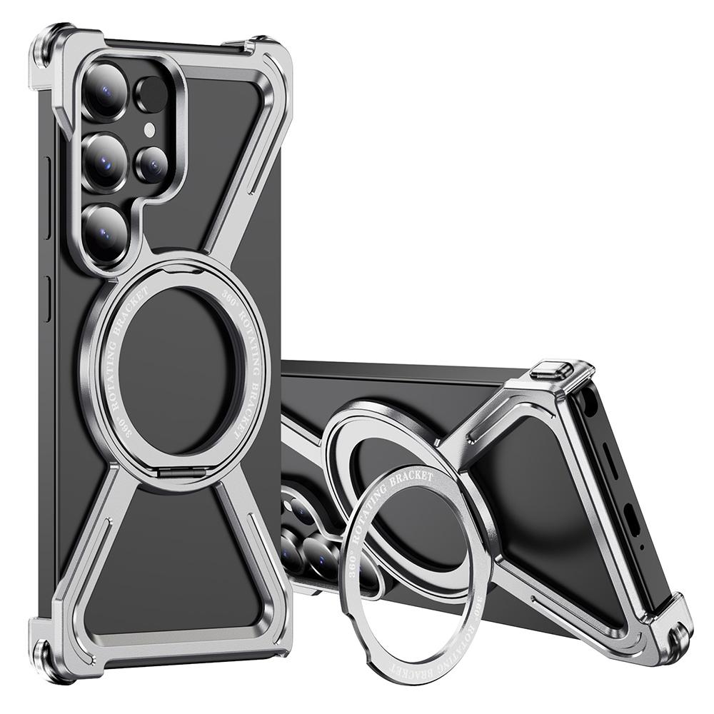 

Для Samsung Galaxy S25 Ultra Магнітний чохол Військовий клас Захист від падінь Обертова підставка Титановий сплав Бампер Чохол для телефону Silver