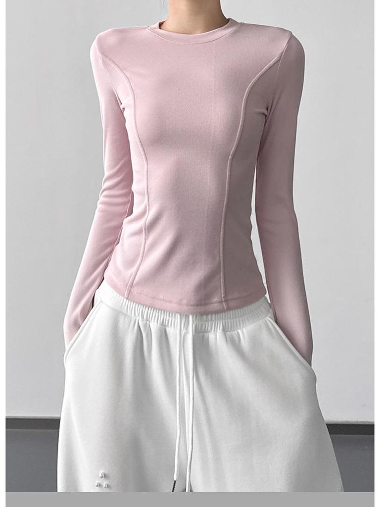 2025 Winter Women's Slim Fit Plus Velvet Long Sleeve Round Neck T-shirt