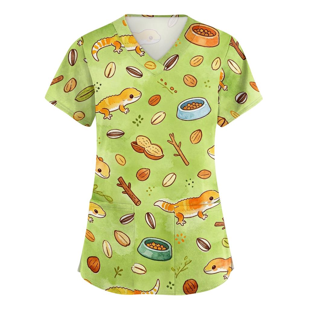Women V Neck Short Sleeve Work Top with Pockets Animal Print Medical Scrub Shirt Comfortable Fit Durable Fabric Suitable for Healthcare Professionals