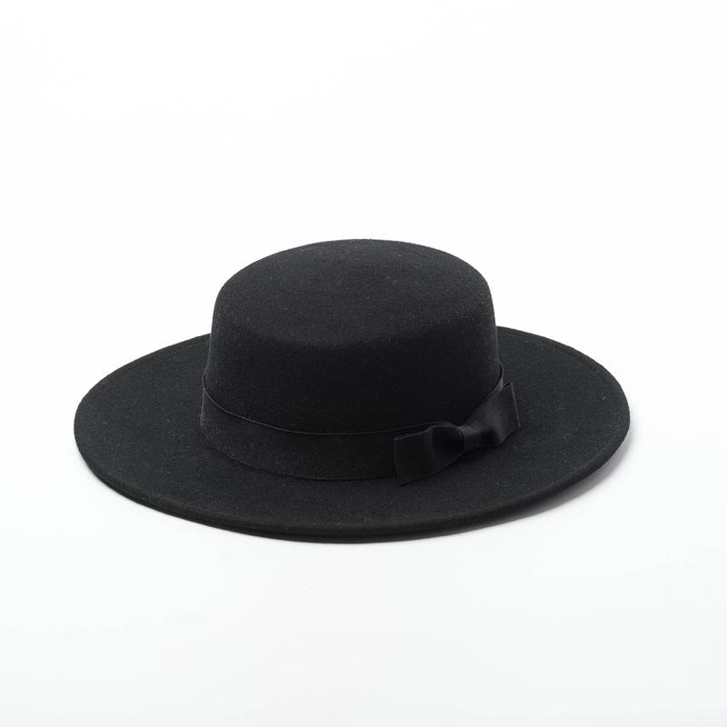 Europe, America, Autumn and Winter New Bow Wool Woolen Flat Top Top Hat Women's Fashion Wool Felt Flat Top Hat