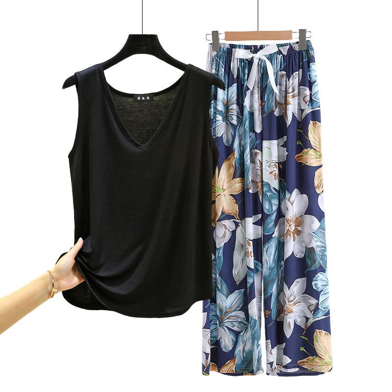 Lockere Modal-Pyjama-Sets Sommer V-Ausschnitt Tanktop und Florale Weite Hosen Lässiger Hausanzug ärmellos Loungewear Übergröße