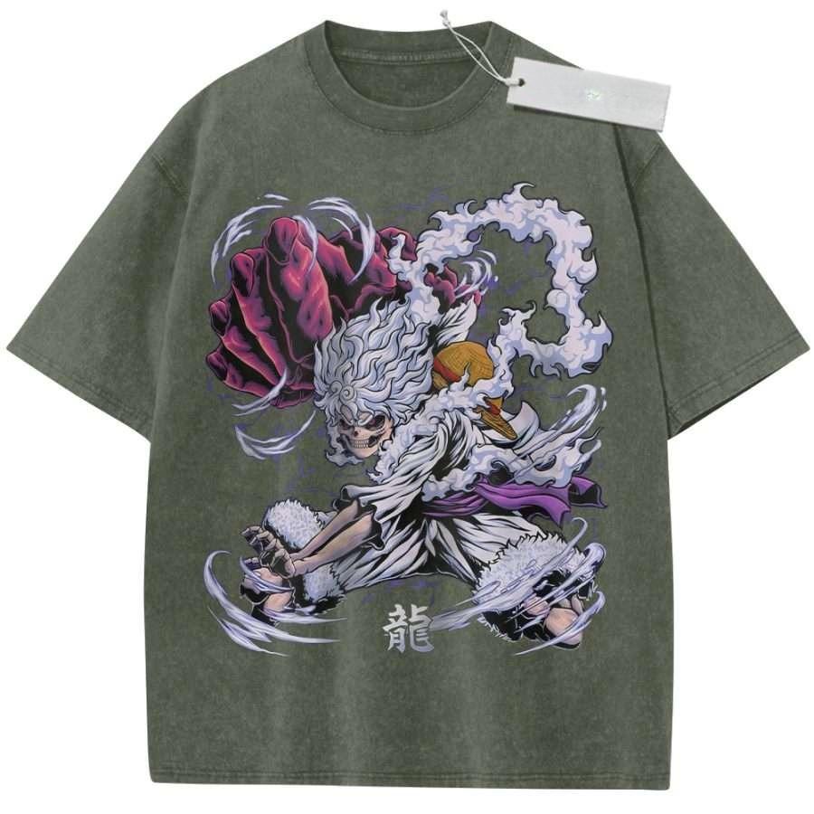 Unisex Washed Purple Vintage Tshirt One Piece Kaido Human Dragon Dragon Kanji Highquality Fabric for Home Leisure Travel