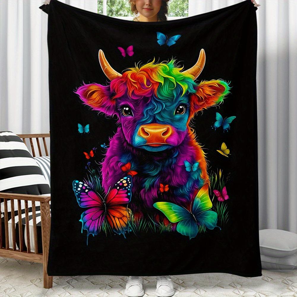 

Rainbow Cow Butterfly Art Fleece Blanket Colorful Animal Design Soft Throw Blanket Boho Decor Gift for Art Lovers and Kids 75x100cm