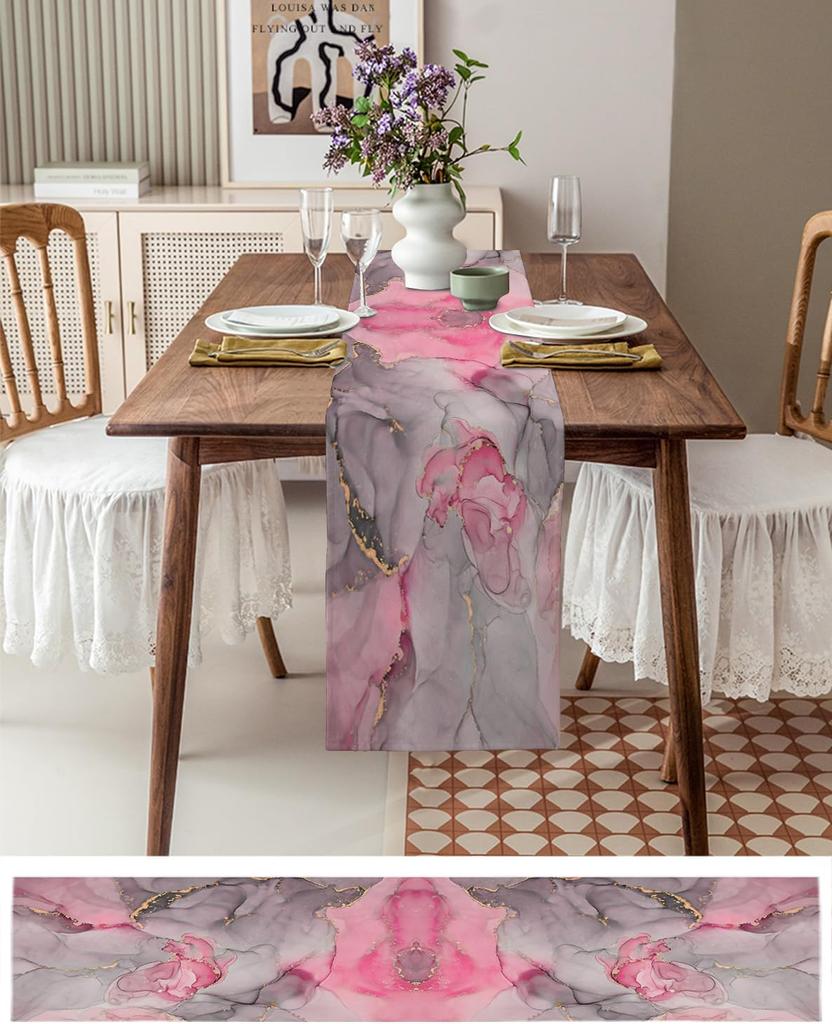 Pink Marble Linen Table Runners Modern Abstract Geometric Grey Table Runner Washable Holiday Wedding Party Dining Table Decor
