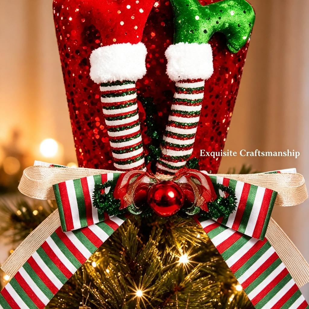 Christmas Elf Leg Tree Topper, Red Green Striped Bow Hat, Artificial Xmas Decoration Ornaments Party, Home Gift