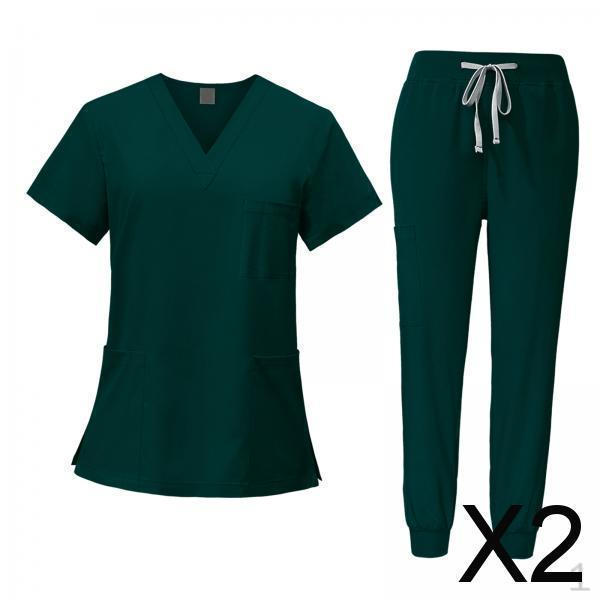 2x Women Uniform Scrubs Set Workwear, Nursing Work Suit, Nurse Top And Pants