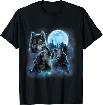 Three Wolves Howling Blue Full Moon Graphic Tee Breathable Cotton Casual T-Shirt for Men