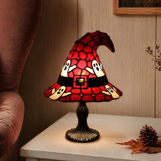 Lampa v podobě čarodějnického klobouku z vitráže, Ručně vyráběná retro pryskyřičná čarodějnická lampa, Gotická noční lampa v podobě čarodějnických klobouků napájená přes USB, Halloweenská dekorace do domácnosti
