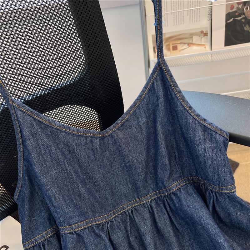 Stylish Elegance Fashion Female Business Casual Vest Dark Camisole Tops Summer Outer Inner Short Hem Ruffle Design Fringed Denim V-Neck Vest Women