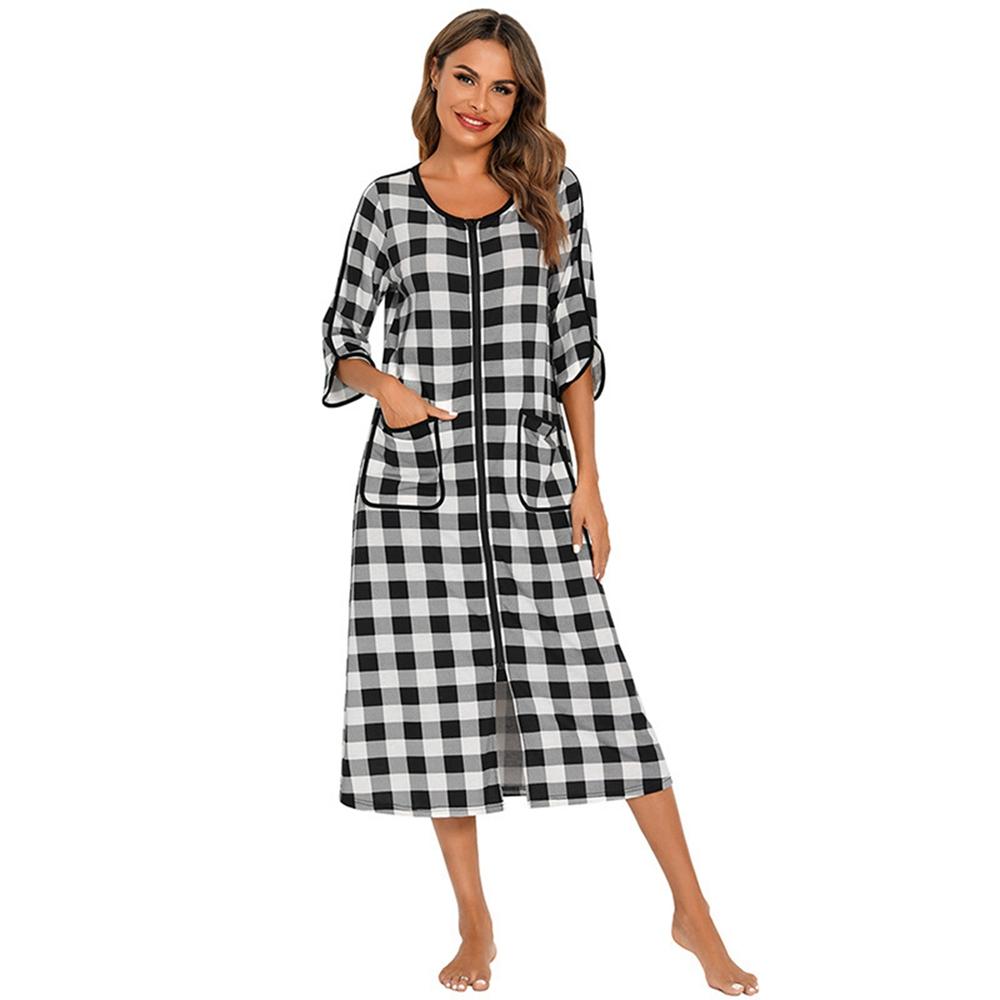 Autumn Winter Lady Zip Up Sleepdres Loose Nightgowns Spa Bathrobe Crewneck Soft Striped Sleepshirt Loungewear Sleepwear with Pockets