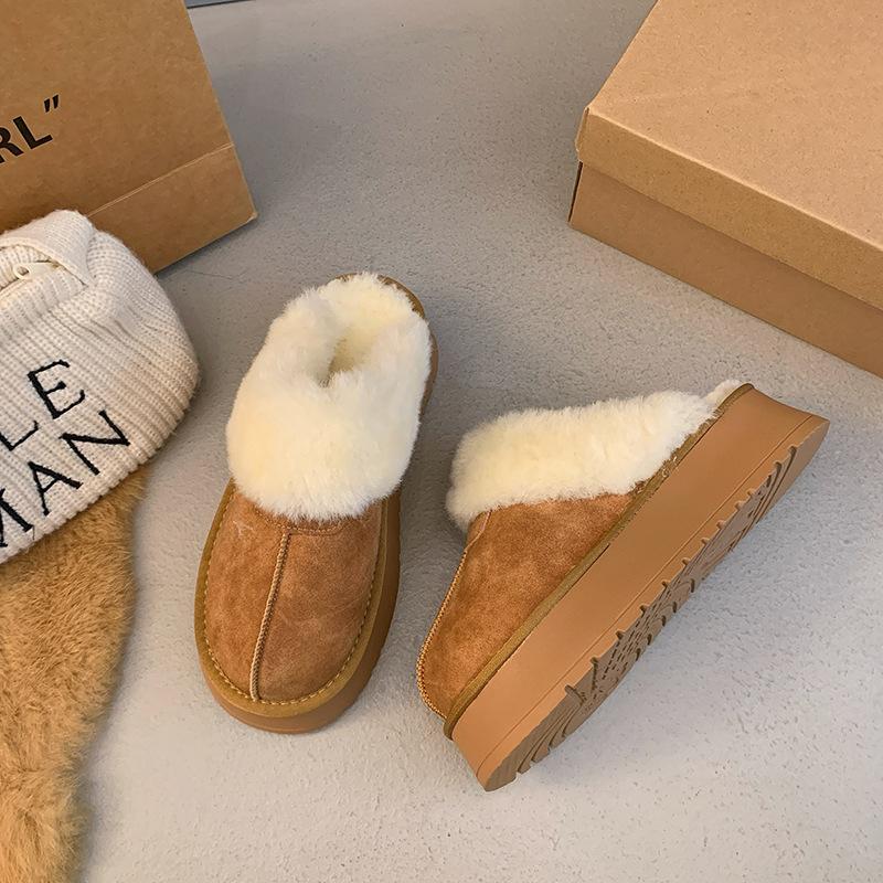 Thick-soled heightening, piled warm snow boots, half-towed fluffy cotton slippers, women's outer wear, new winter one-pedal