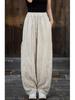 Women's Spring & Summer Ramie Flannel Pants - National Style, Improved Chinese Straight Cut with Drawstring.
