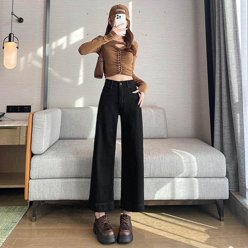 Spicy Girl Black High-Waisted Wide-Leg Jeans for Women - Spring/Autumn Loose Flare Fit M
