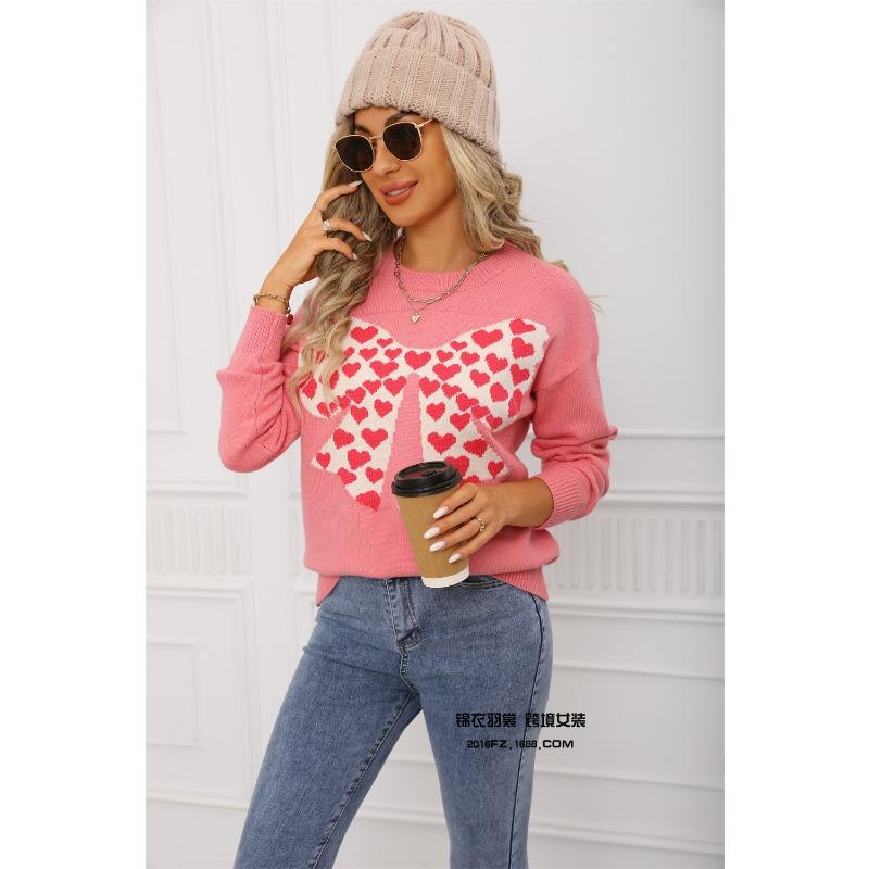 New Round Neck Long Sleeve Casual Top Bow Little Love Knitted Color Blocking Sweater