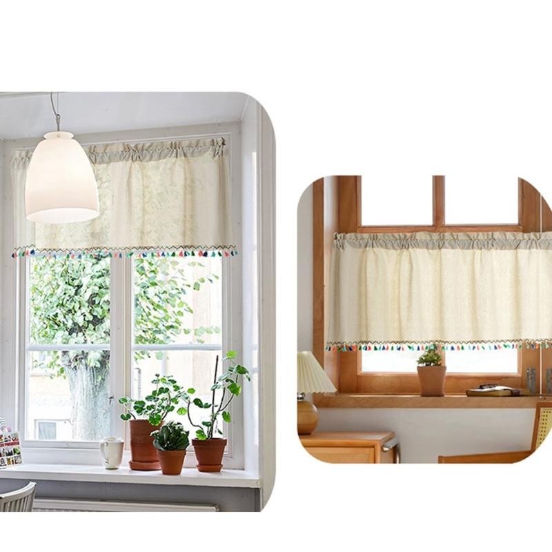 Short Curtain With Colorful Tassels For Home Decors Semi Sheer Window Drape Valance Panel Easy Installation Rod Pocket