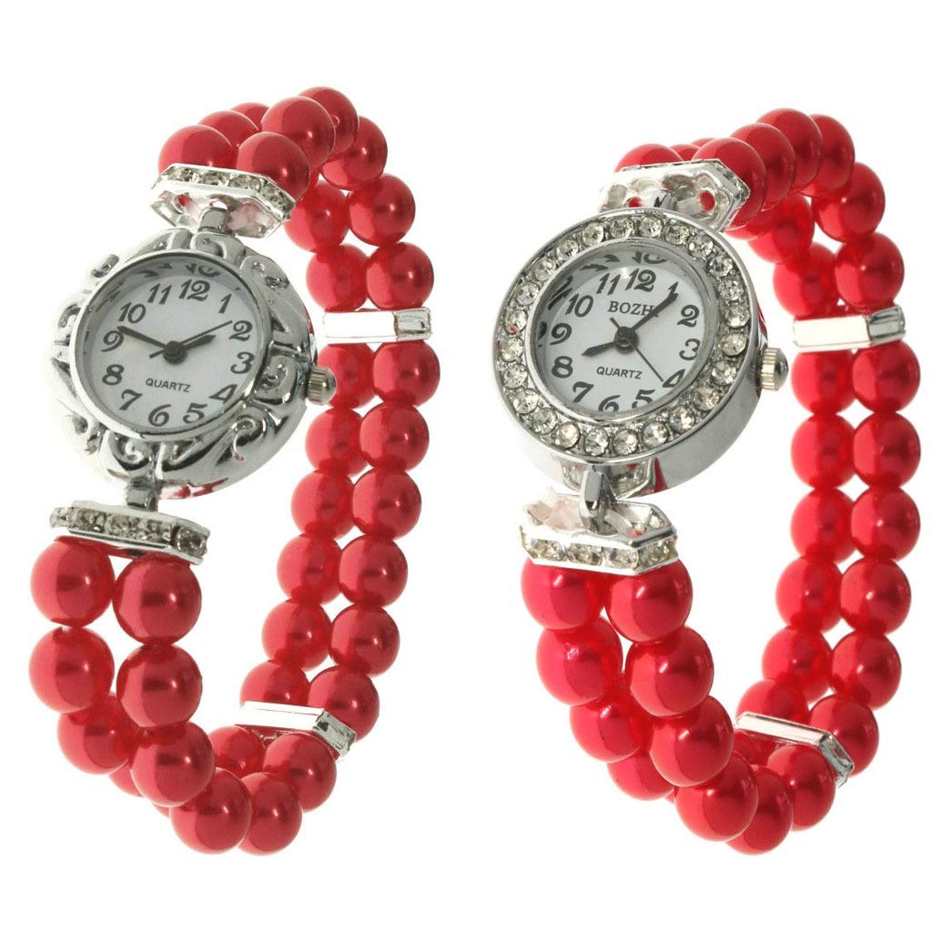 Women's Double-Row Imitation Pearl Beaded Bracelet Watch with Diamond-Set Quartz