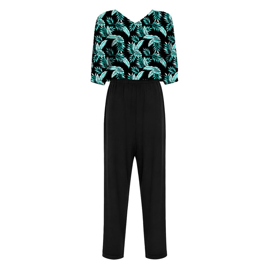 S-XXL Women Alzheimer Elderly Anti-Strip Adaptive Printed Jumpsuit V Neck 3/4 Sleeve Wide Leg Back Zipper Nursing Rompers for Special Needs