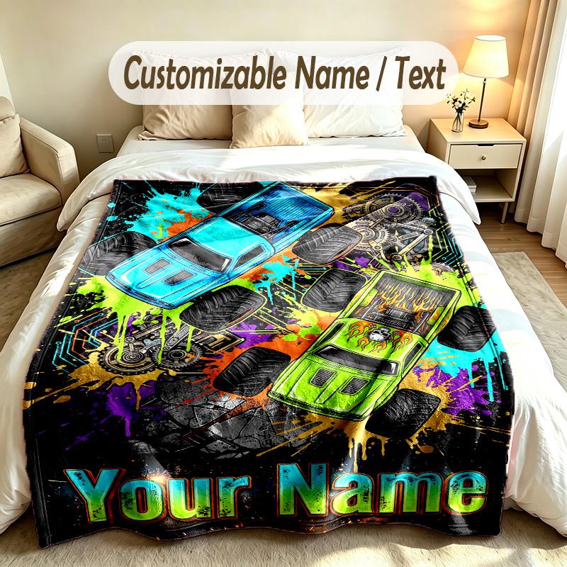 Coperta Personalizzata Tema Monster Truck Nome e Testo Personalizzati Morbida Calda Coperta da Divano Decorazione per la Casa