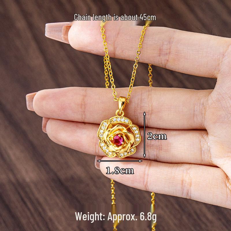 Vietnamesische Sandgold-Halskette und drehbarer Zirkon-Rosenring-Ohrring-Set