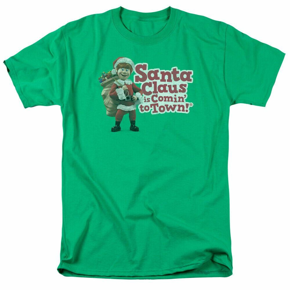 

Santa Claus Is Comin To Town Santa Logo T Shirt Mens Licensed Movie Kelly Green M