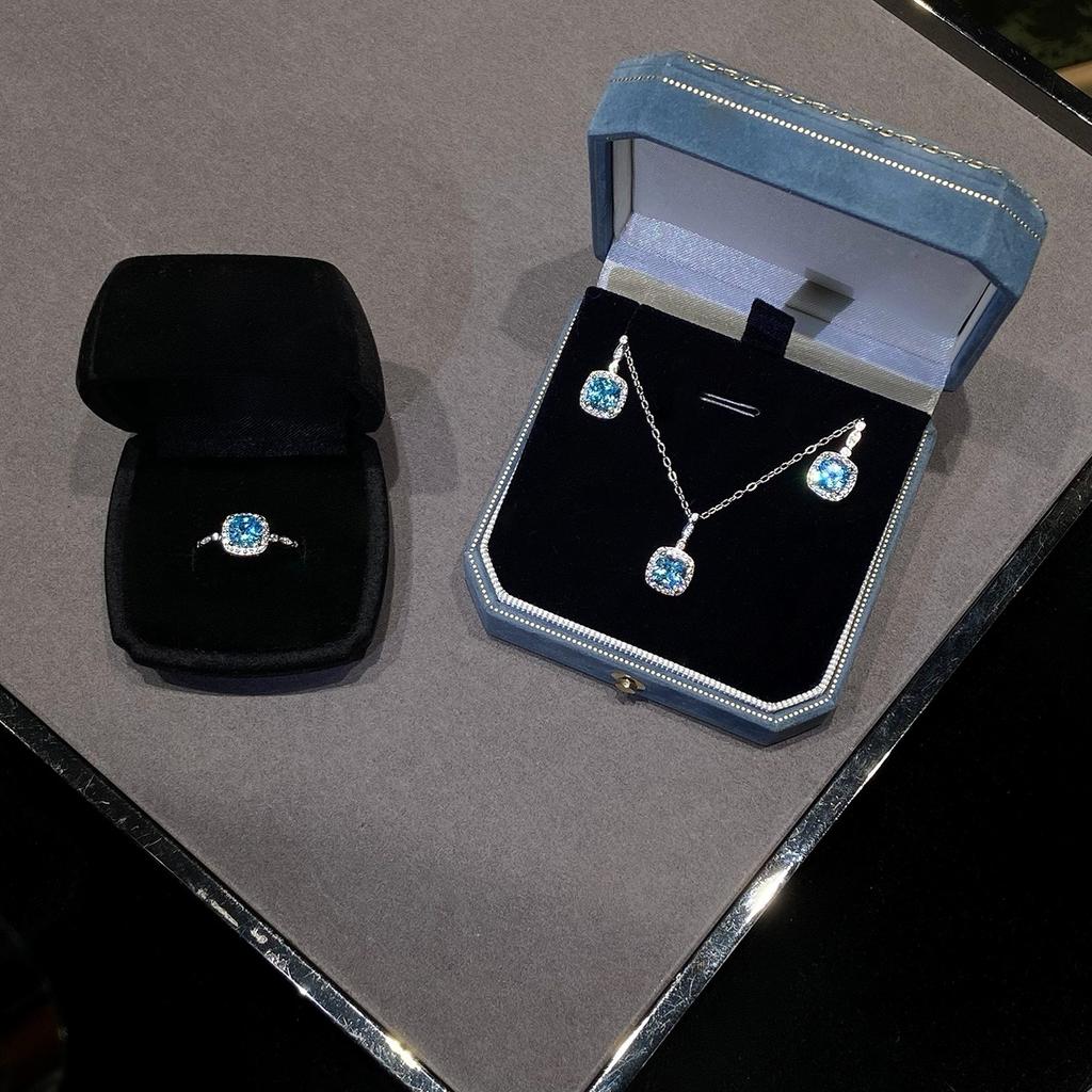 925 Sterling Silver Exquisite Sparkling Blue Square Zircon Pendant Necklace for Women Wedding Party Jewelry