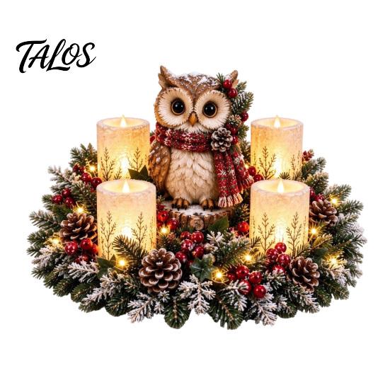 Holiday Resin Ornaments Lighted Highland Cow Christmas Table Centerpiece, Flickering LED Flameless Candles, Frosted Red Berry Seasonal Accents