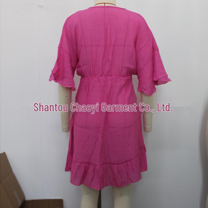 European & American Vacation Sun Protection Sheer Ruffle Bikini Cover-up Dress with Drawstring Waist.