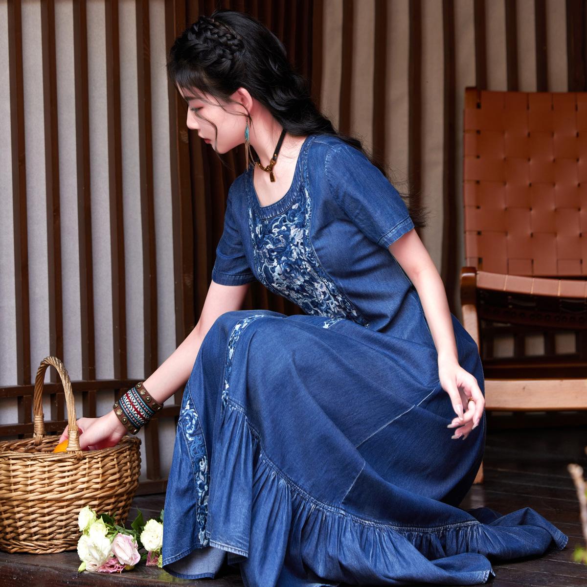 

Johnature женское весеннее ковбойское индивидуальное платье с круглым вырезом и короткими рукавами, свободное платье в стиле ретро с вышивкой L