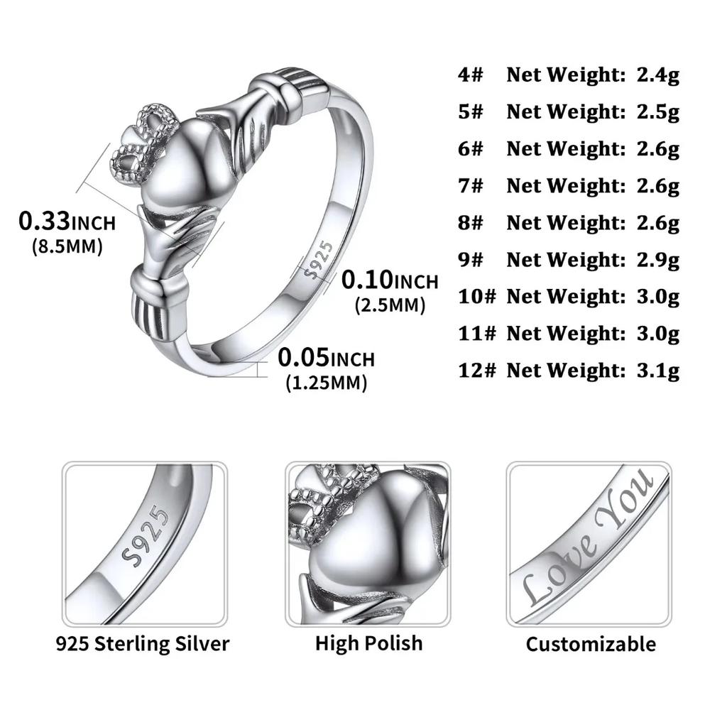 925 Sterling Silver Claddagh Ring for Woman Celtic Knot Eternity Romantic Promise Anniversary Wedding Ring Size 4 -12 Gift