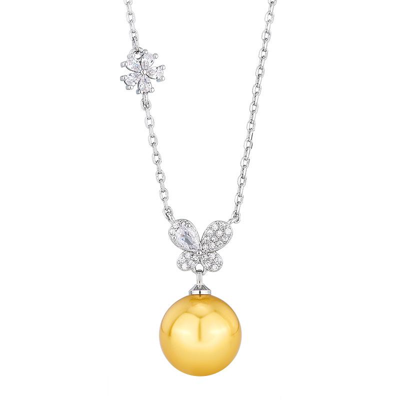 Autumn And Winter Jewelry Copper Bottom Gold-Plated Pearl Butterfly Necklace Premium Women'S Pendant 14Mm