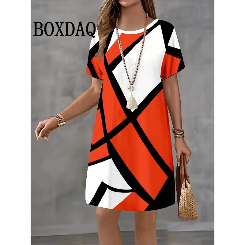 Summer Women's Striped 3D Print Short-sleeve Crew Neck Dress