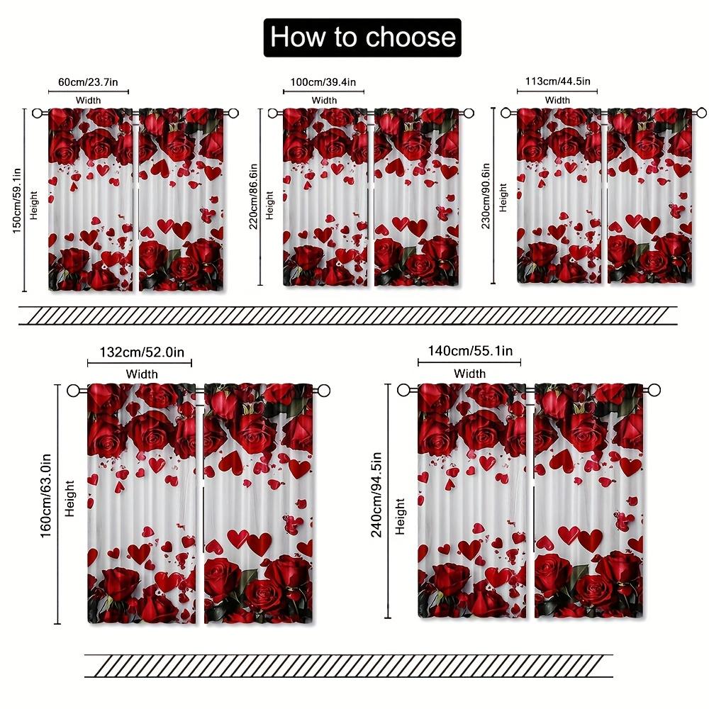 2Pcs Elegant Red Rose & Heart Backdrop Curtains - Romantic Valentine'S Day Decor For Bedroom & Living Room, Semi-Transparent Pol