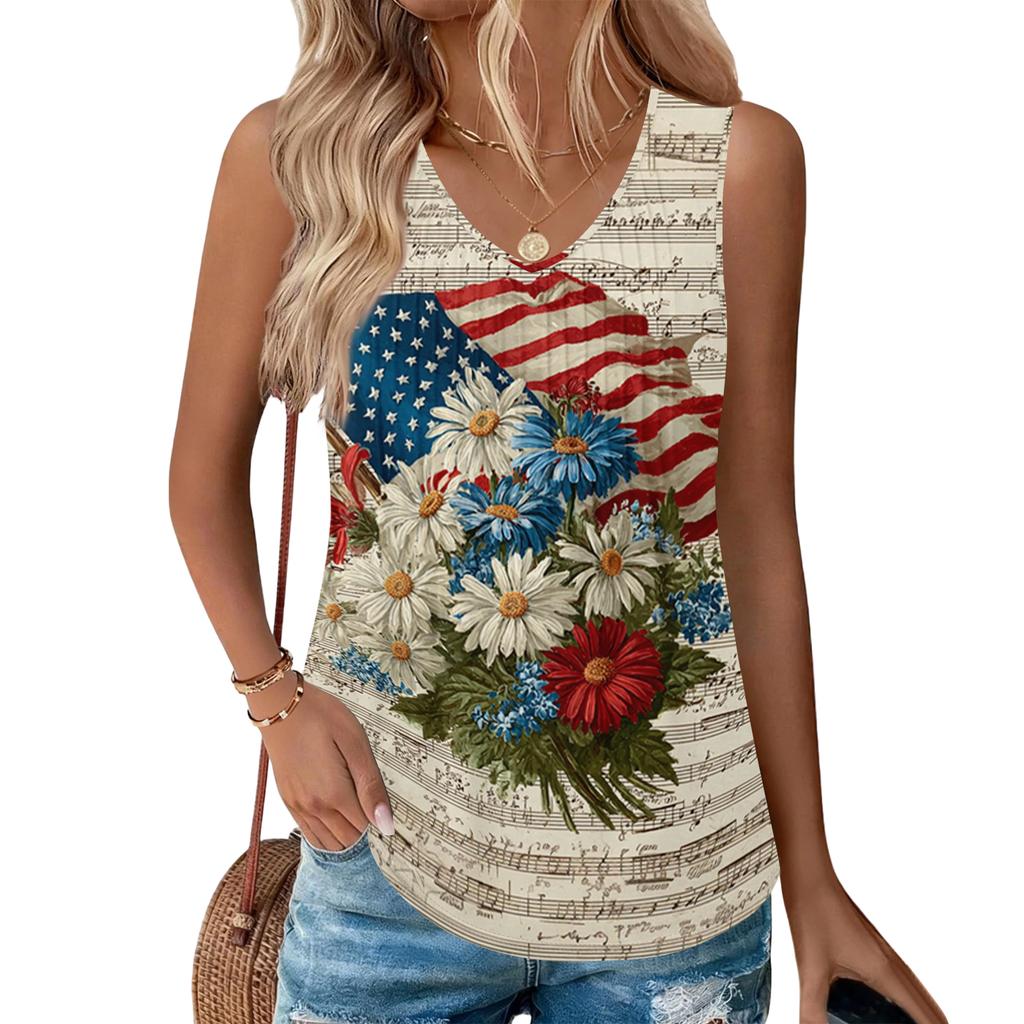 Damenmode Lässig Amerikanische Unabhängigkeitstag Flagge und Sterne Aufdruck V-Ausschnitt Rüschen Ärmellos Weste T-Shirt Top