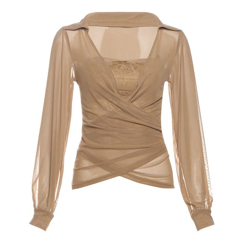 

# Sisjuly# Sexy Gyaru Polo Collar Outer Shirt Lace Sling Inner wear Frill Split Long dress Set Women Khakis two-piece set(K25S76206) S