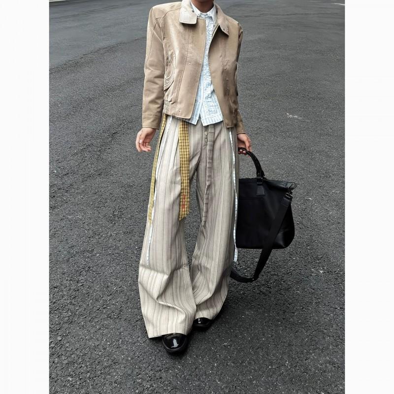Old Money Style Striped Wide Leg Pants Unisex Loose Fit Draped Casual Trousers Khaki Straight Suit