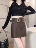 Vintage Pu Leather Skirt for Women Spring Autumn High Waist A- Line Package Hip Shorts Skirt Y2k Korean Fashion Clothing