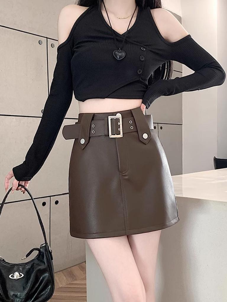 Vintage Pu Leather Skirt for Women Spring Autumn High Waist A- Line Package Hip Shorts Skirt Y2k Korean Fashion Clothing