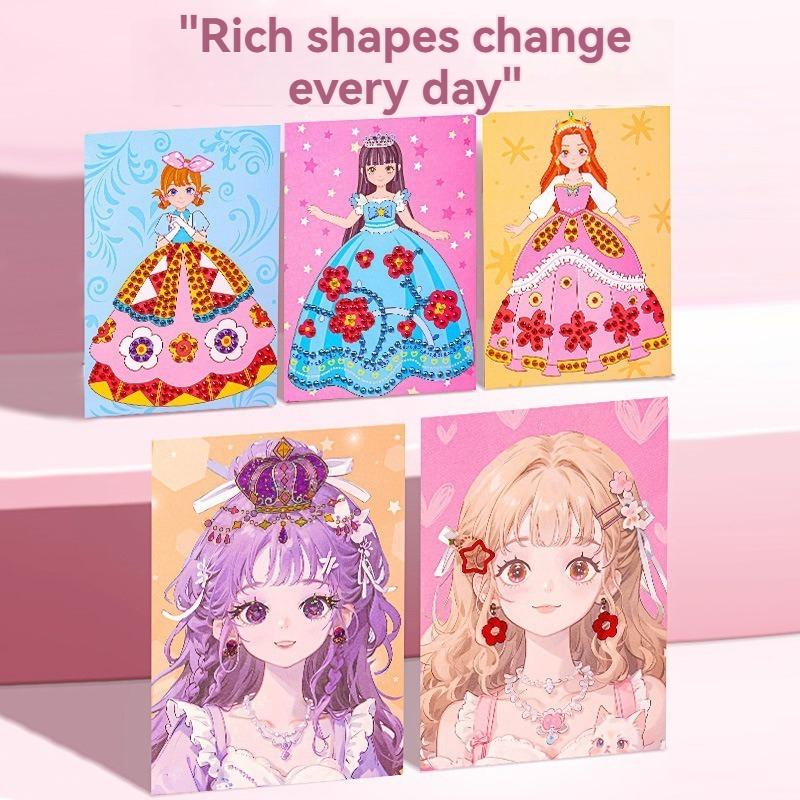 DIY Paper Art Craft Kits-3 in 1 Princess Makeup Kit with Diamond Painting Kits and Princess Dress Up Sticker Book Gifts for Girl