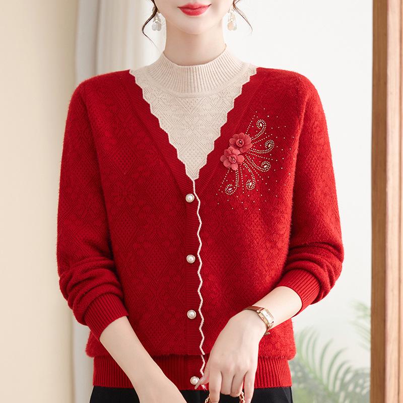 Women's Winter Knit Sweater with Fleece Lining, Faux Two-Piece, Thickened & Warm