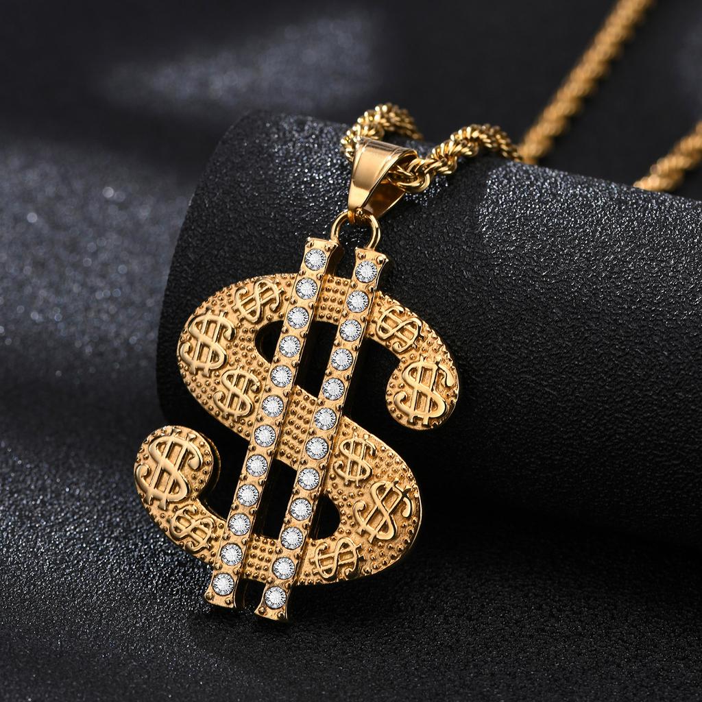 Vnox Gold Color Dollar Sign Necklaces for Men with Cuban Chain,Hip Hop Money Dollar Pendant Collar Party Jewelry