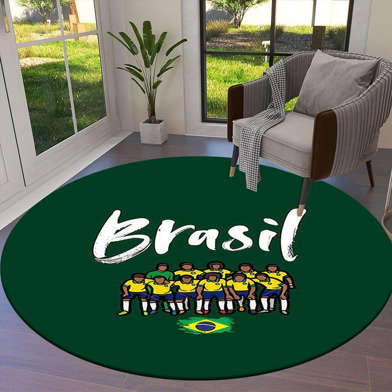 Brazil National Football Team Round Area Rug,Carpet Rug for Living Room Bedroom Sofa Playroom Decor,Non-slip Floor Mat