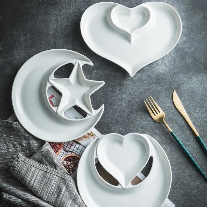 Farfurie Ceramică pentru Colțunași cu Vas pentru Sos - Farfurie Personalizată, Compartimentată pentru Gustări, pentru Mic Dejun și Aperitive