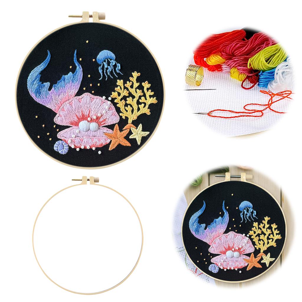 Ocean Scenery DIY Stamped Embroidery Stitches Practice Kit 30x30cm Embroidery Starter Kit with 20cm Embroidery Hoop for Adults