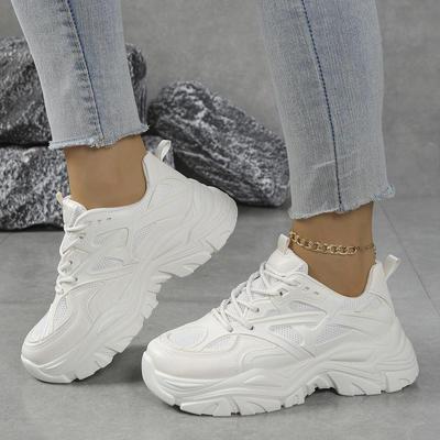 Fashion Fashion Solid White Thick Bottom Sneakers Women 2025 Autumn Breathable Mesh Lace Up Sneakers Casual Soft Sole Running Shoes