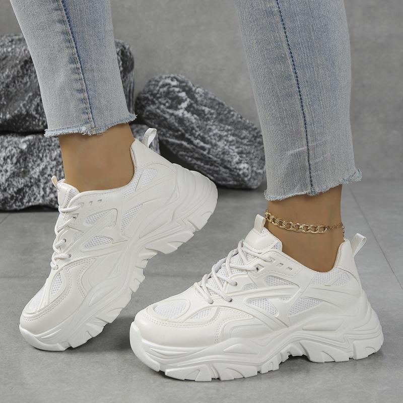 Fashion Solid White Thick Bottom Sneakers Women  Autumn Breathable Mesh Lace Up Sneakers Casual Soft Sole Running Shoes