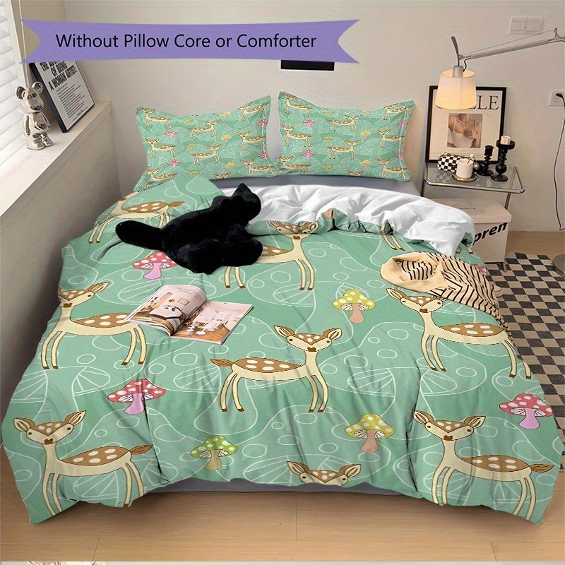 3pcs Deer Mushrooms Bedding Cover Set, Fashion Classic Popular Print Bedding Set, Soft Comfortable, All Season Use, For Bedroom, Guest Rooma0819175